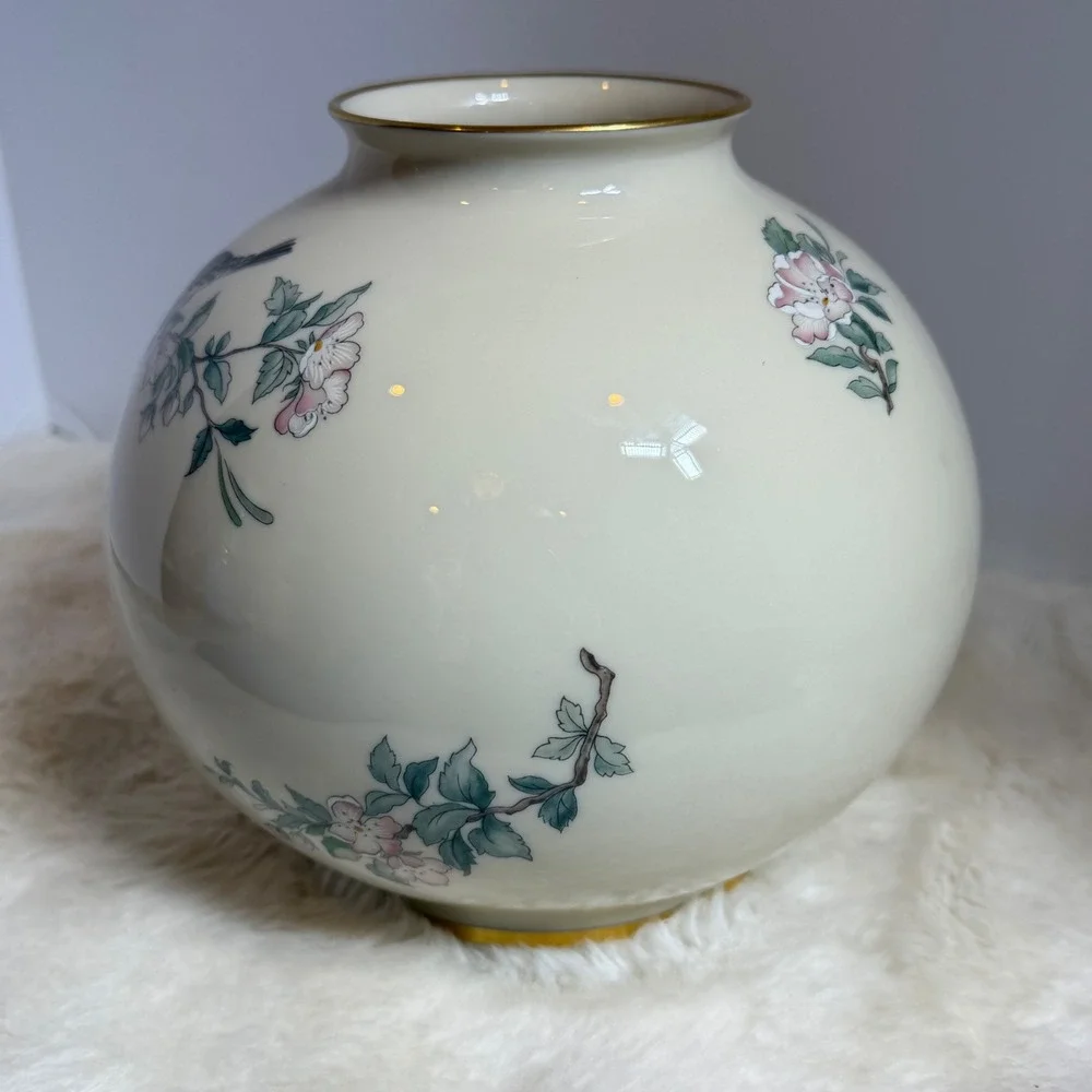 Lenox Serenade Globe Vase 24K Gold Trim Pink Flowers Bird ~ Vintage Hand Painted
